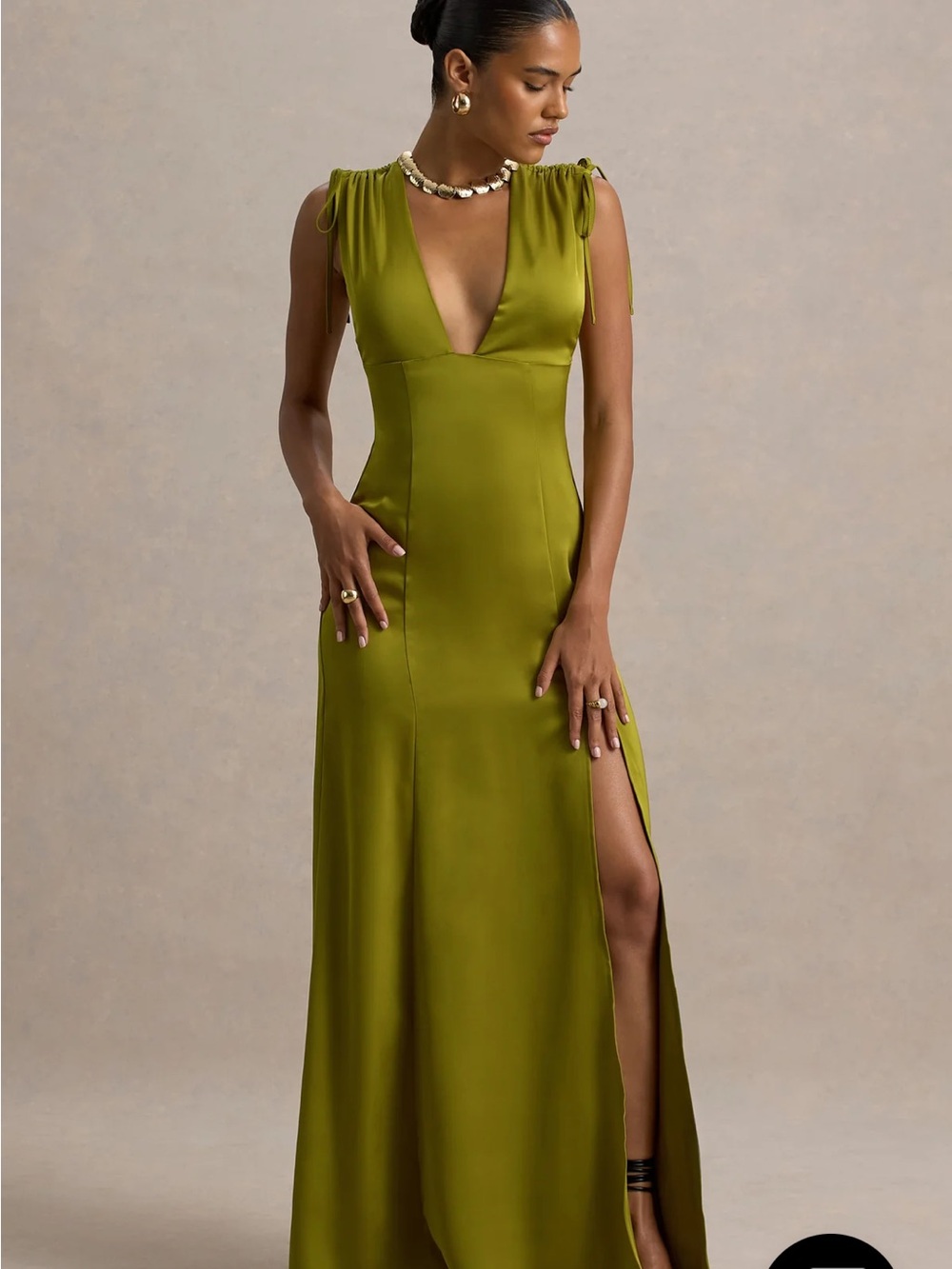 Club L London Olive Green Plunge Maxi Dress with Side Slit